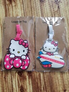 Hello Kitty Kids Luggage Tags in Pink, White and Blue Airplane Bow Sanrio